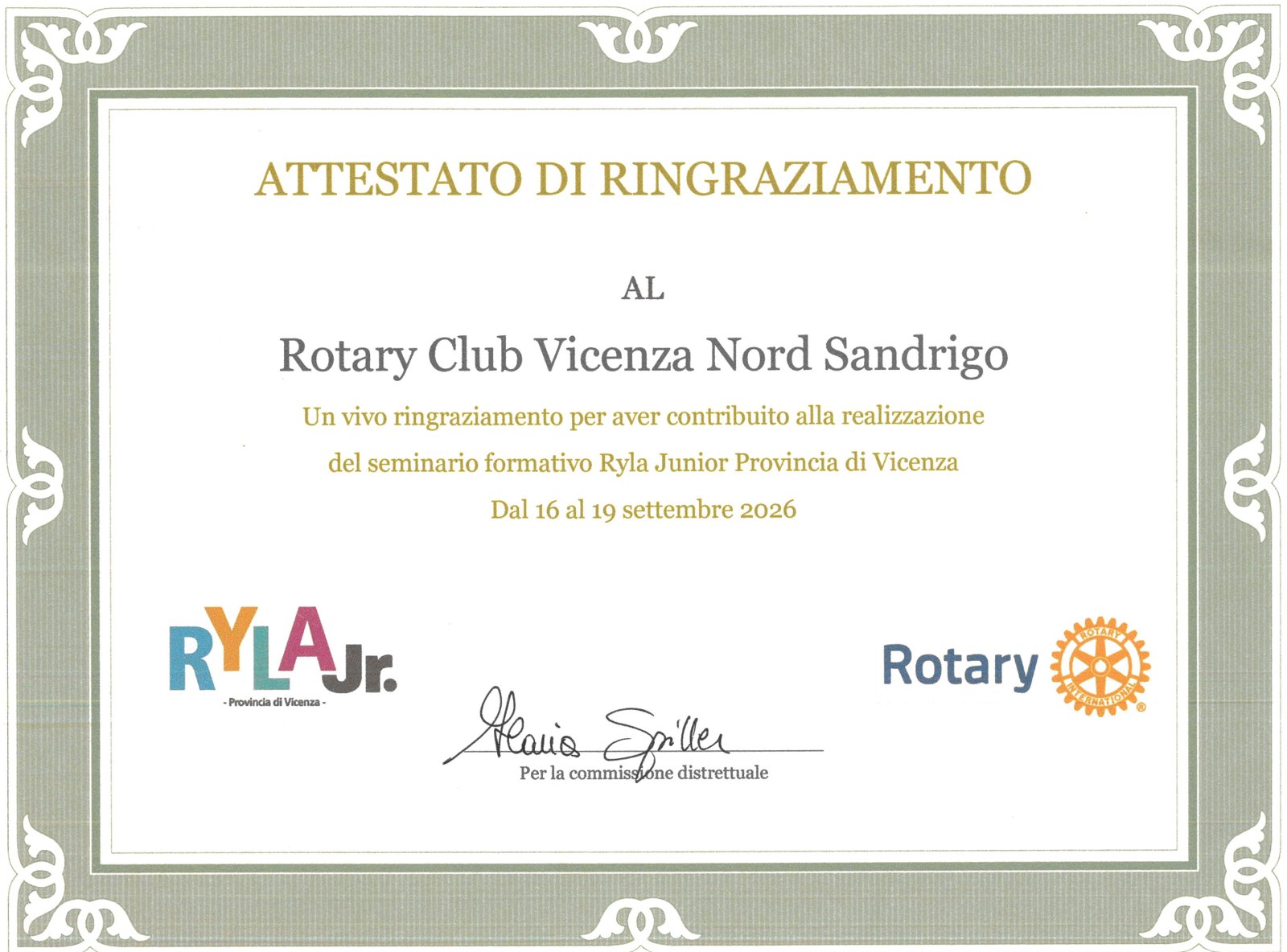 Attestato di ringraziamento RYLA Junior Provincia di Vicenza 2026
